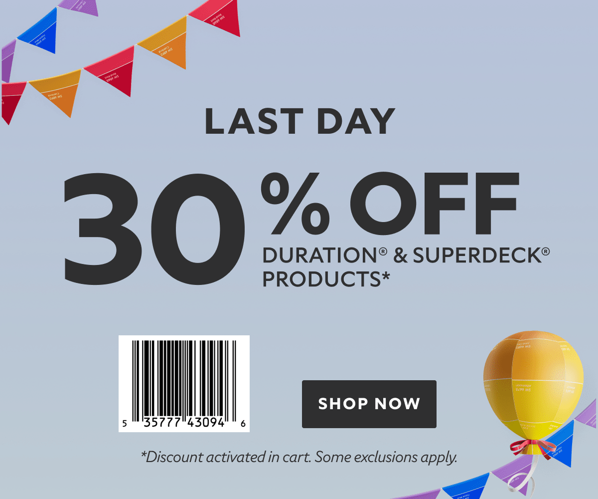 Last Day. 30% OFF Duration® & SuperDeck® Products. Barcode: 535777430946. Shop Now. *Discount activated in cart. Some exclusions apply.