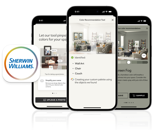 Three iPhones showcasing features of the Sherwin-Williams Color Expert App.