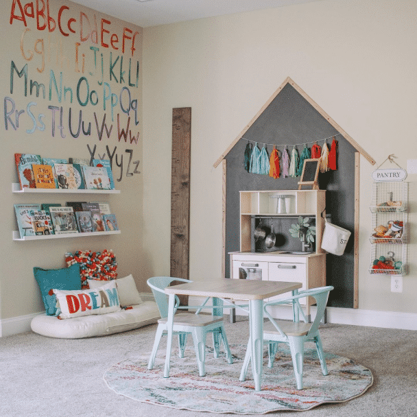 A kids' playroom painted in softer tan sw 6141 by @queenofthebeehive.