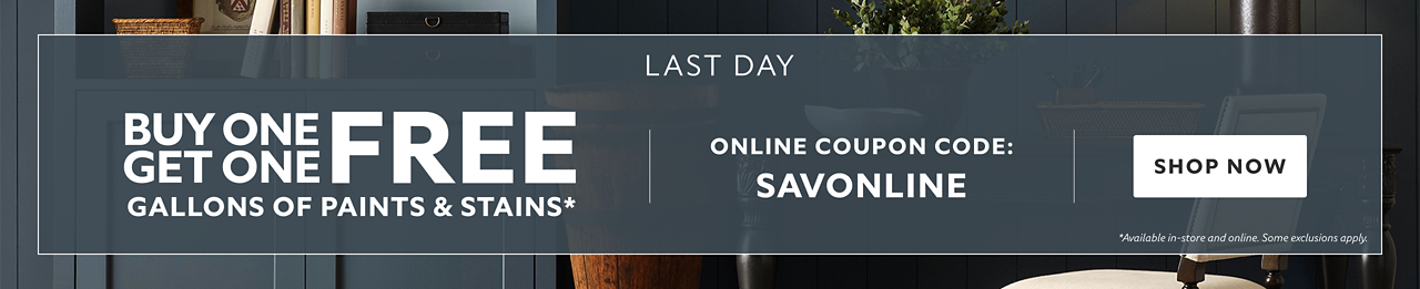 Last Day. Buy One Get One FREE Gallons of Paints & Stains. Online Coupon Code: SAVONLINE. Shop Now. *Available in-store and online. Some exclusions apply.