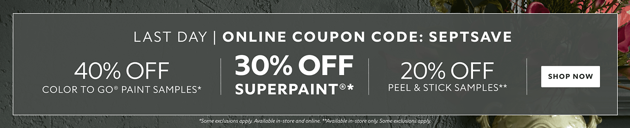Last Day. 30% OFF SuperPaint®, 40% OFF Color To Go® Paint Samples. Use Code: SEPTSAVE. Shop Now. *Available in-store and online. Some exclusions apply.