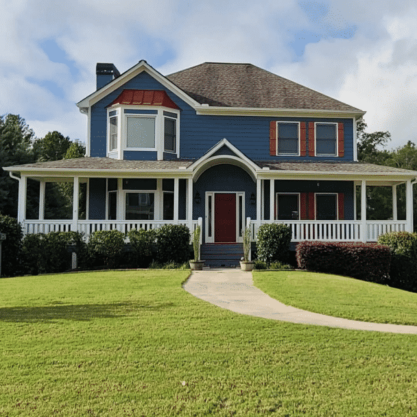 A large home with a large front lawn and wrap around porch with exterior painted in needlepoint navy sw 0032 by @dmendez1.