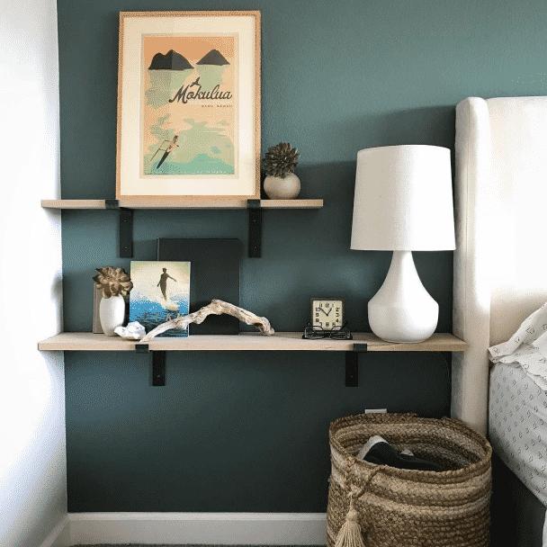 A bedroom painted in studio blue green sw 0047 by @revivalflat.