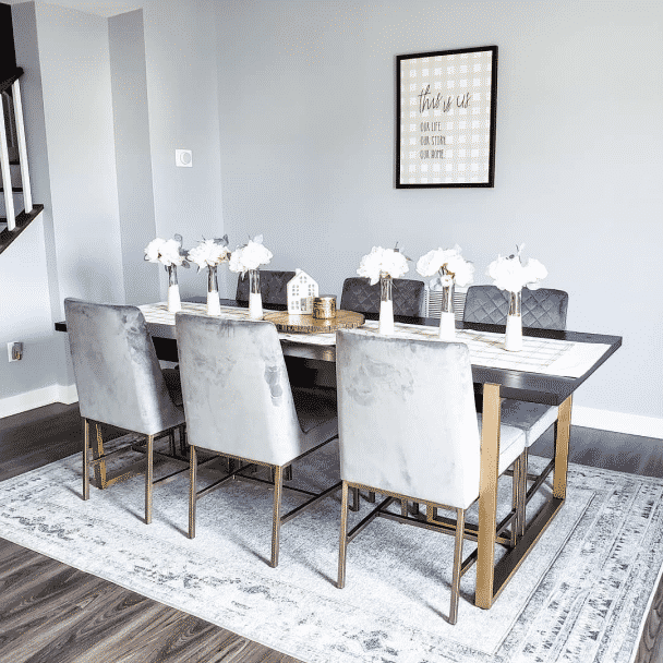 A dining room painted in lazy gray by @ourmainedomain.