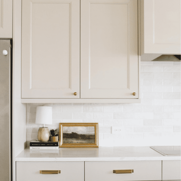 Kitchen painted in Accessible Beige SW 7036 by @the.whipple.home.