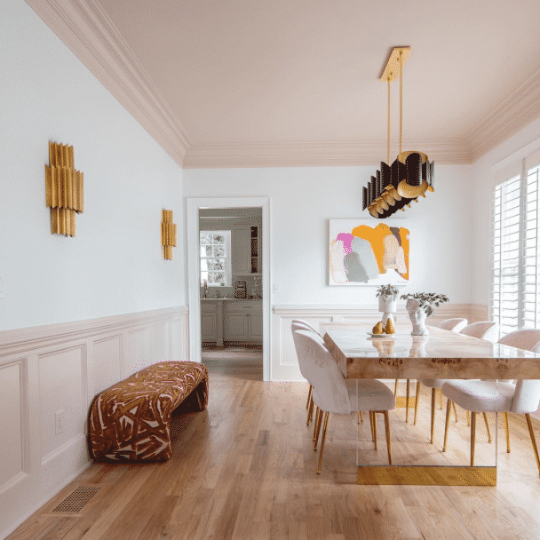A dining room with the ceiling and wainscoting painted in malted milk sw 6057 by @barij.