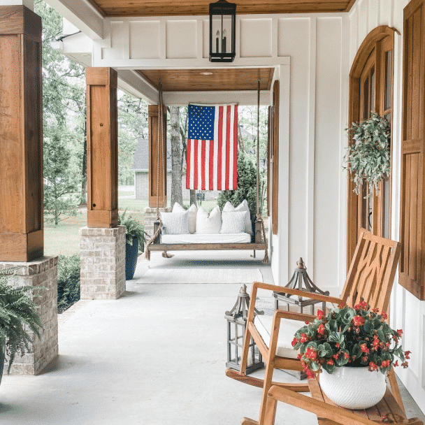 Front porch painted in Alabaster SW 7008 by @ourfergusonfarmhouse.
