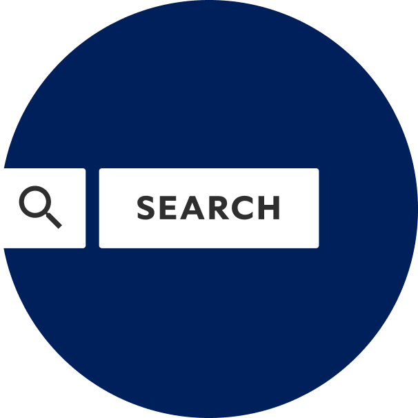 A dark blue circle with a white search bar in the center.
