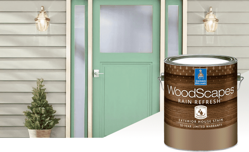 The front door and exterior of a home with a can of WoodScapes Rain Refresh.
