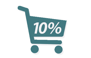 An icon of a shopping cart with 10% printed on it.