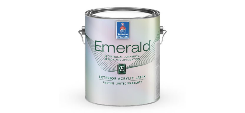 A can of Sherwin-Williams Emerald Exterior Acrylic Latex paint.