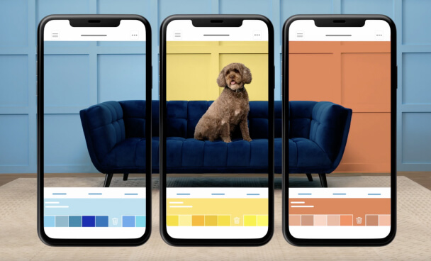 Three phones in a panorama using Sherwin-Williams Visualizer viewing different paint colors on the wall.