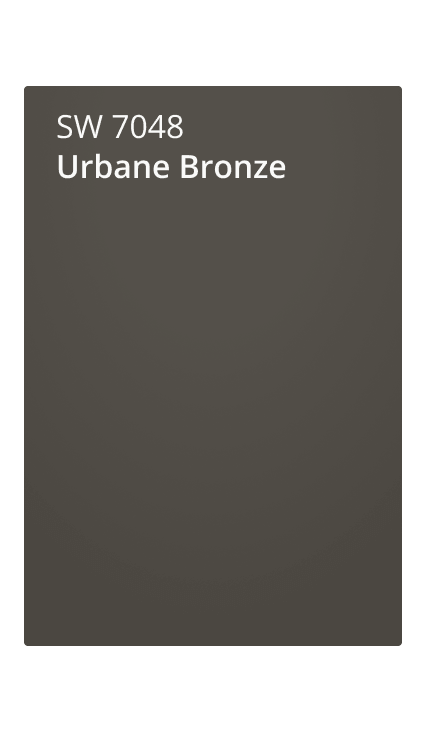 Urbane Bronze (SW 7048) color swatch. A dark grey color with green undertones.