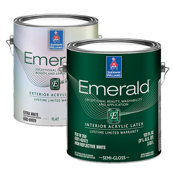 Two Emerald family paint cans, one interior paint and one exterior paint, side by side.