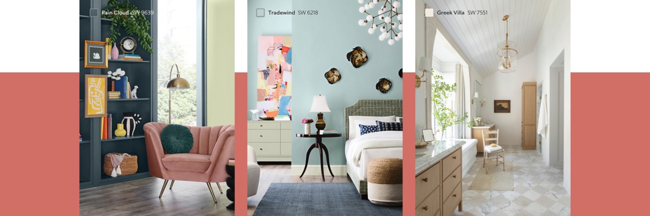 Three images of rooms painted in Rain Cloud SW 9639, Tradewind SW 6218 and Greek Villa SW 7551.