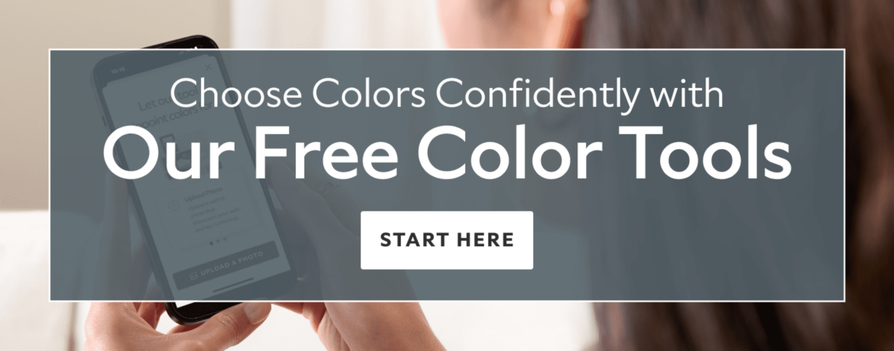Text over an image of someone on their mobile phone that says, Choose Colors Confidently with our free color tools, start here.