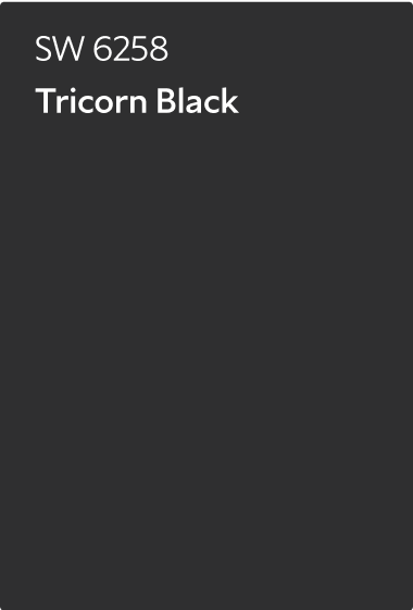 A Sherwin-Williams color chip for Tricorn Black SW 6258.