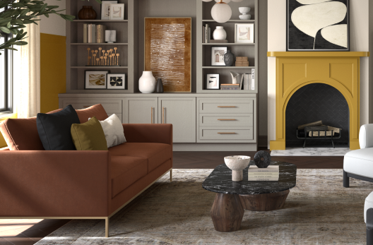 A mid-century modern living room with Kingdom Gold SW 6698 painted accents.
