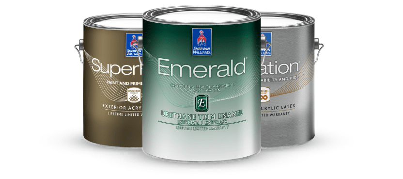 Three cans of exterior paint.