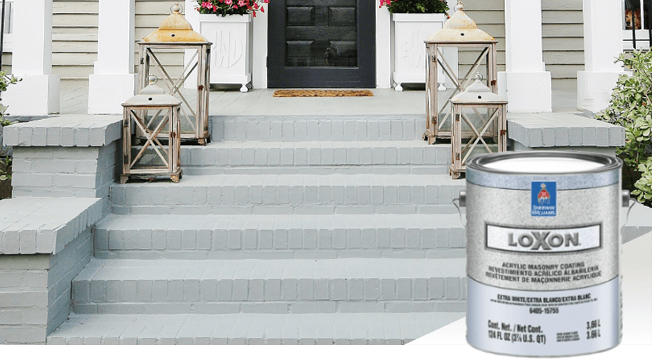 Painted gray brick front steps with lanterns on the top 2 steps. Loxon acrylic masonry coating.