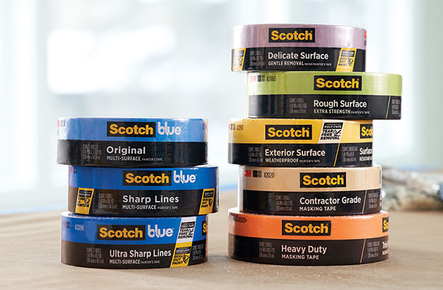 2 stacks of Scotch tapes, blue painters tape, delicate surface, rough surface, exterior, contractor, heavy duty.