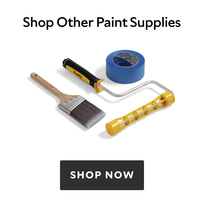 A paint brush, roller, and blue painters tape lying next to each other with a "Shop Now" button.
