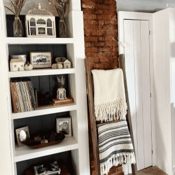 A white book shelf with picture and books next to a red brick wall, athomeonhigh.