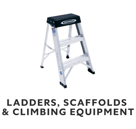 Ladders, scaffolds and climbing equipment. A silver and black step ladder.