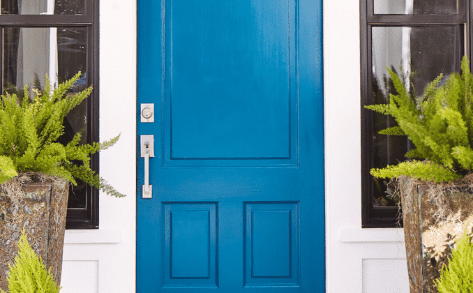 Bright blue front door in between two windows, surrounded by plants.