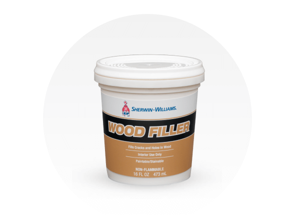 Container of Sherwin-Williams Wood Filler.