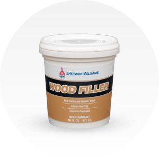 Container of Sherwin-Williams Wood Filler.