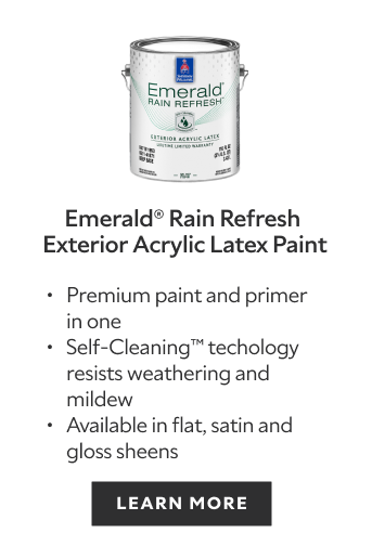 Sherwin-Williams Rain Refresh Exterior Acrylic Latex Paint, premium paint and primer in one, self cleaning technology resists weathering and mildew, available in flat, satin and gloss sheens, learn more.