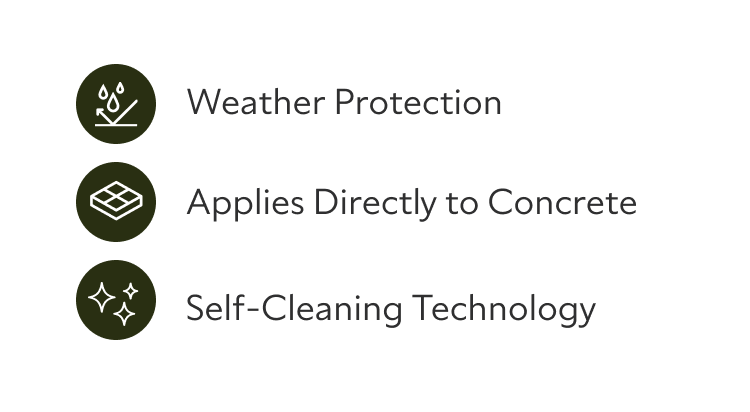 Three icons for Loxon key features including water protection, applies directly to concrete and self-cleaning technology.