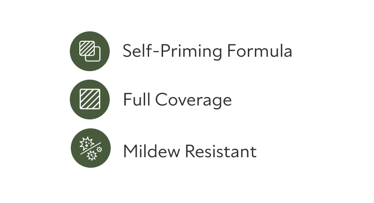 Three icons for Woodscapes key features including self-priming formula, full coverage and mildew resistant.