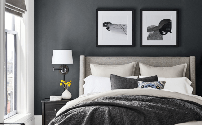 Bedroom with dark walls, grey headboard, grey and white pillows, bedside table with lamp and decor.