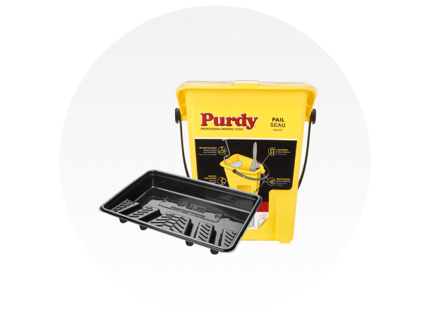 A yellow Purdy paint bucket and black tray.
