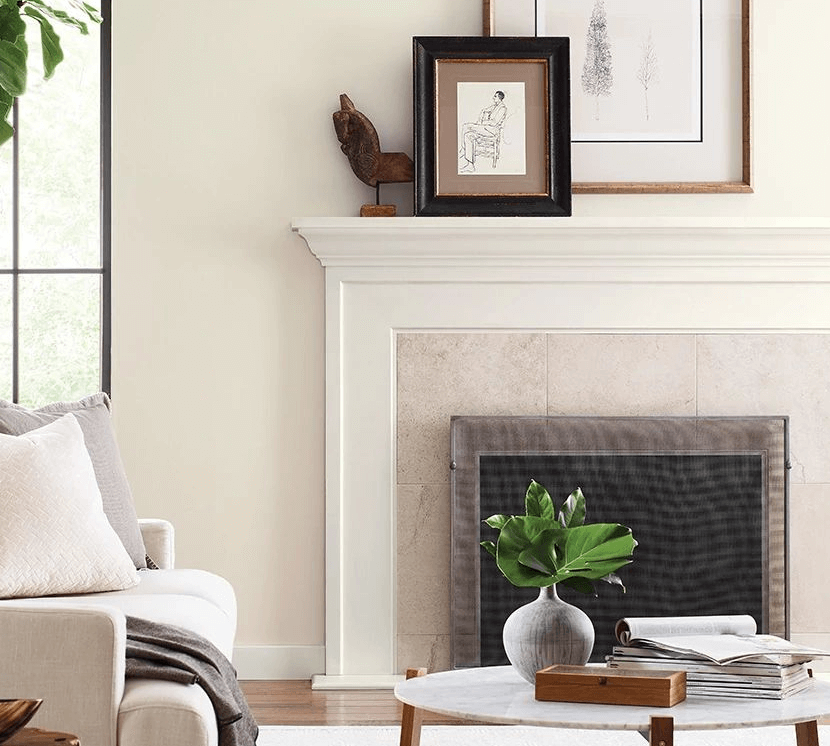 Neutral living room with fireplace, couch, coffee table with minimal decor.