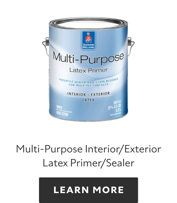 Can of Sherwin-Williams Multi-purpose interior exterior latex primer sealer, learn more.