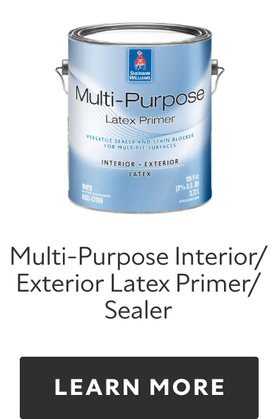 Can of Sherwin-Williams Multi-purpose interior exterior latex primer sealer, learn more.