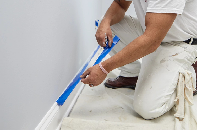 Painter removing tape from trim.