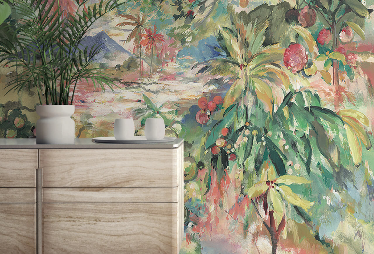 Botanical, watercolor painted style wallpaper behind a modern cabinet.