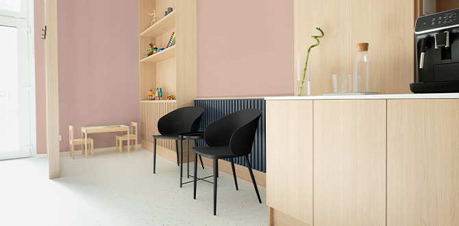 A waiting area with rose-toned walls painted with Redend Point SW 9081 (195-C4). Some black chairs next light wood cabinets and shelves.