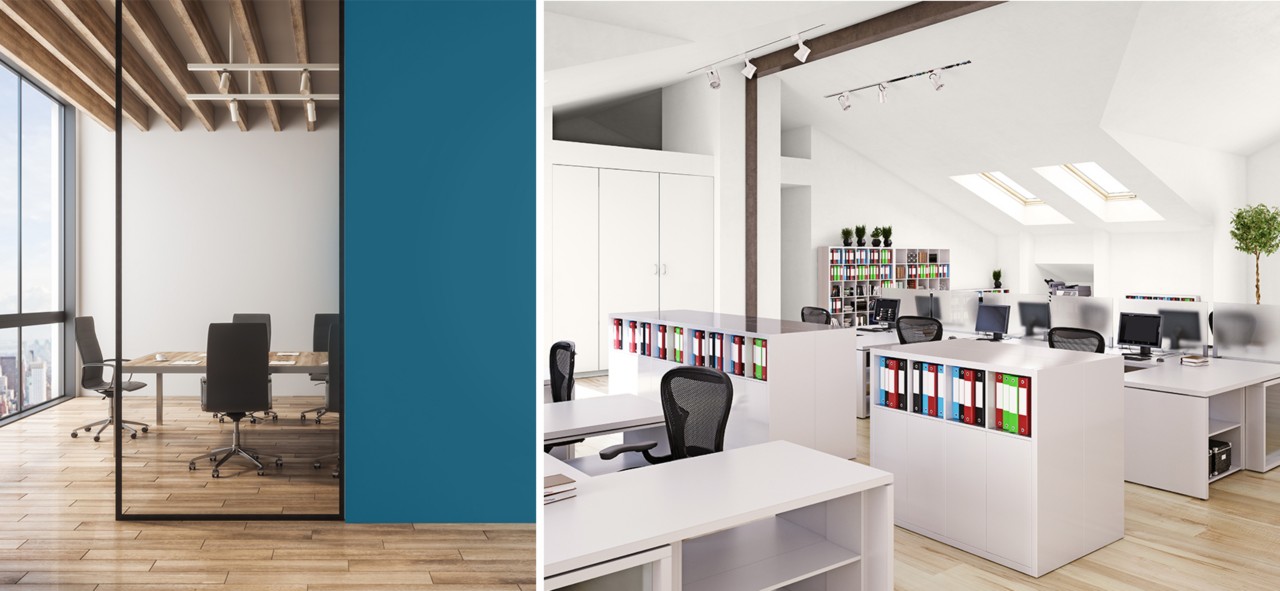 First image: Modern workplace meeting room area with wood floors, conference table and swivel chairs behind glass partition, exposed wood beam ceiling and bank of windows looking out over cityscape. Second image: Interior of office with light wood floors and multiple modular workspaces, white walls, and cathedral ceilings with skylights.