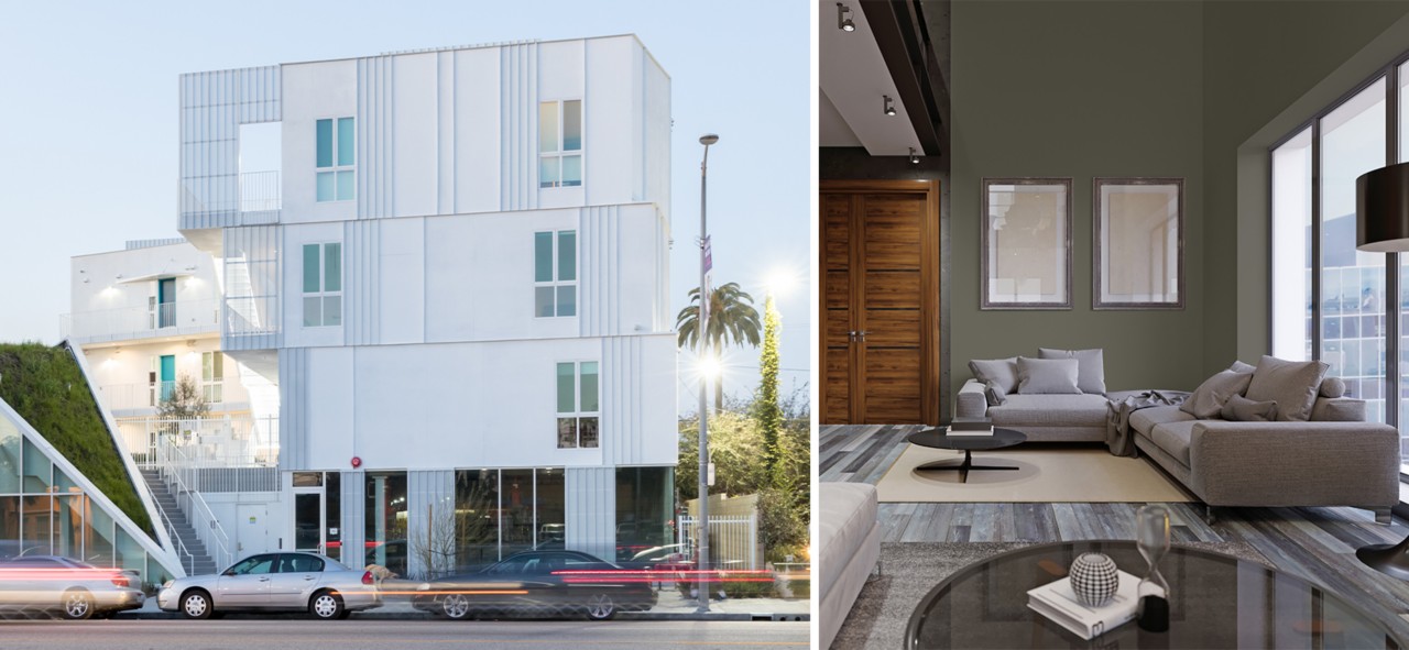 First image: Exterior of white modern four-story apartment building with wedge of green space extending down from the roof to street level. Second image: Urban apartment living area with gray sectional and coffee table in foreground, gray flooring, and artwork on green walls.