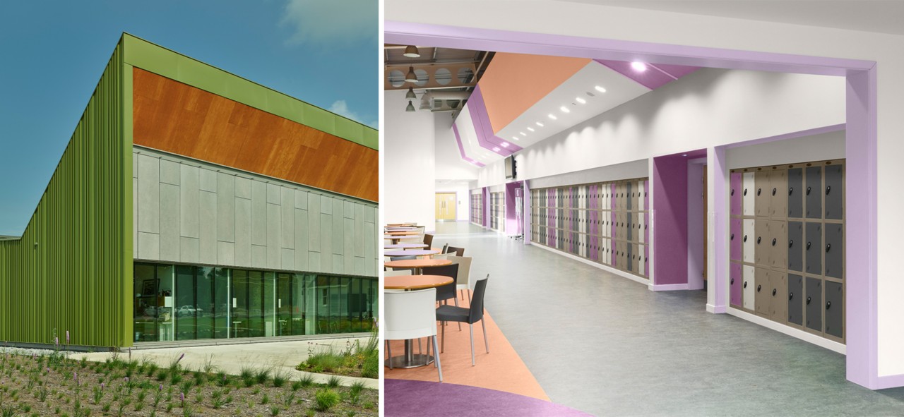 First image: Exterior of Thaden School with green metal paneling, glass doors, and modern architecture. Second image: Hallway and cafeteria of modern school with lockers, floors, and walls in various shades of gray and purple with light orange accents.