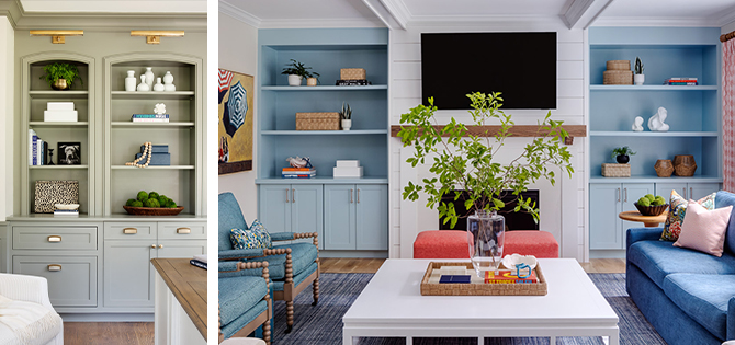 Left image: Built-in bookshelves and cabinets in living room with styled accessories and metallic brass hardware and gallery lighting. Right image: Living room with decor and furnishings in shades of blue and pink, large square white coffee table in front of fireplace and TV flanked by light blue painted built-ins.