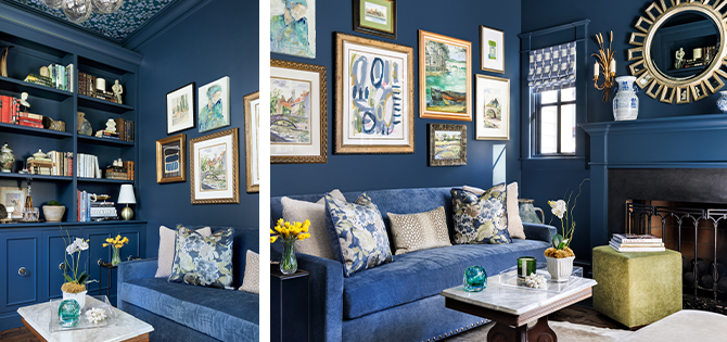 Maximalist style living room with dark blue walls, trim and sofa in front of gallery wall near built-in shelving and fireplace.