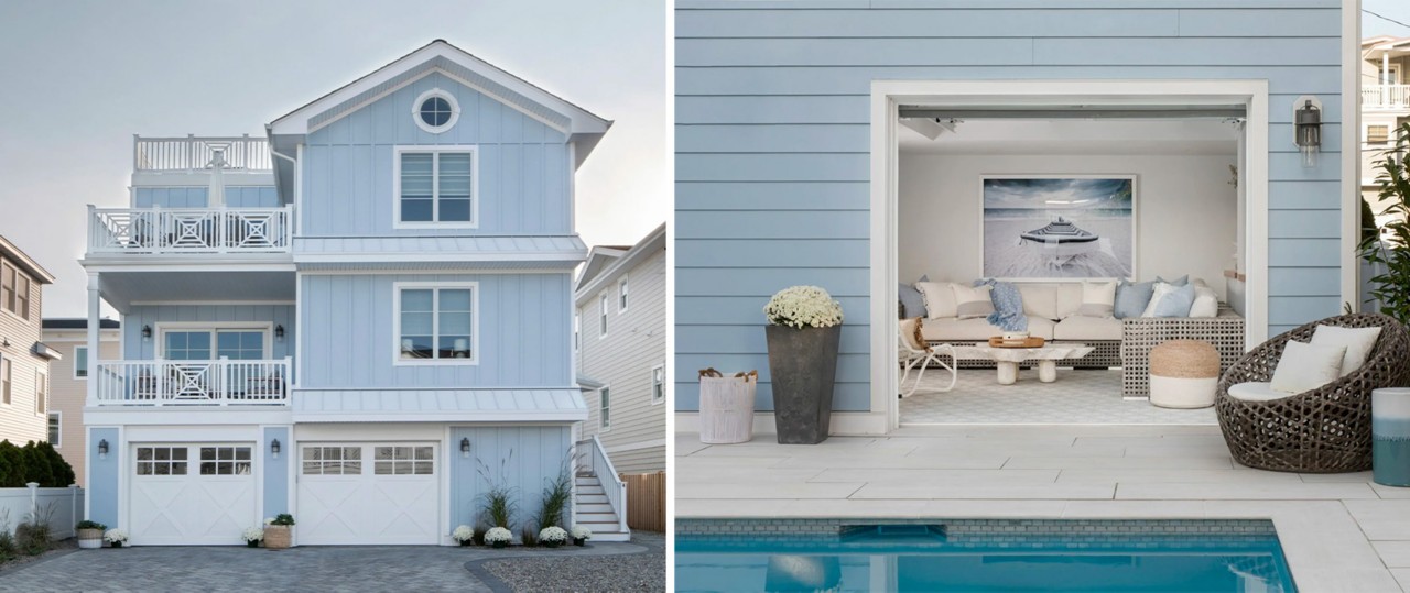  Coastal style home exterior painted light blue with white trim and multilevel balcony railings, including tighter shot of sitting area by pool accessed by garage door.