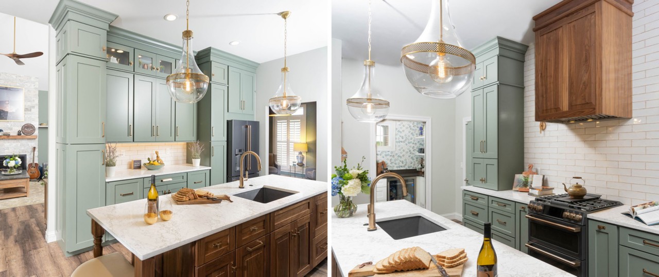 Kitchen with pastel green cabinets, large dark wood island, white marble countertops and high ceilings.