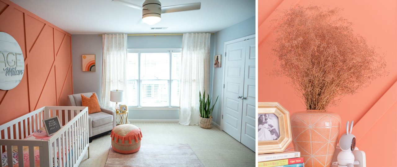 Full room shot and close-up of decor in modern nursery with salmon-colored board and batten accent wall, white crib, and corner armchair with tasseled pouf.